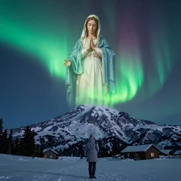 virgin mary projected via aurora above my rainier photo ray trading