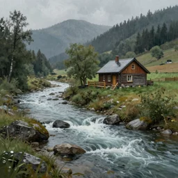 a river running past a cozy cabin in mountain side, monsoon, classic painting, award winning, highly detailed