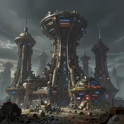 beautiful low angle painting of an alien world with beautiful buildings and technology, steampunk, isometric aspect, junk on the ground, neon lights,, moody atmosphere, epic composition, dramatic lighting, trending on artstation, octane render, by robert zemeckis