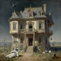 hyperrealistic surrealism, David Friedrich, award winning masterpiece with incredible details, Zhang Kechun, a surreal vaporwave vaporwave vaporwave vaporwave vaporwave painting by Thomas Cole of a gigantic ancient house, astronaut lost in liminal space, highly detailed, trending on ArtStation