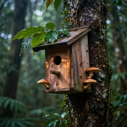 wooden birdhouse in a tree in the rain forest, mushrooms and leaves on the birdhouse, mushrooms, dense rain forest, backlit, realistic, beautiful lighting