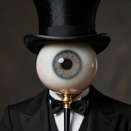eyeball headed gentleman, impeccably dressed in elegant black tailcoat tuxedo and top hat with theatrical walking cane, large round spherical eyeball with veiny bloodshot orb
