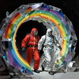 two scientists wearing red and silver hazmat suits, entering the geometric rainbow crystal dimensional gateway by frank frazetta