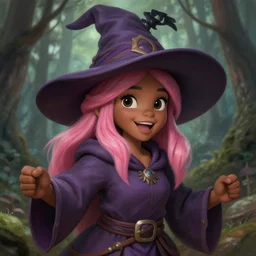 picture of cute female wizard in the forest, ferred - themed robes and hat, pink hair, brown skin, energetic, high fantasy, highly detailed, detailed faces, smooth, sharp focus, chiaroscuro, digital painting, concept art, rossdraws and moebius and jon mcnaughton
