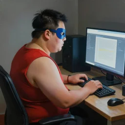 an insanely detailed painting of a chubby and nerdy asian man wearing a homemade superhero costume and mask, sitting at a computer desk typing on the keyboard, in the style of peter mohrbacher, dramatic lighting and composition, trending on artstation, concept art, comic book, graphic novel, back view