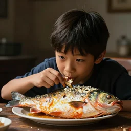 cctv footage of a boy at a table eating a giant fish