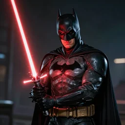 Batman holding a red lightsaber, hyperdetailed, artstation, cgsociety, 8k