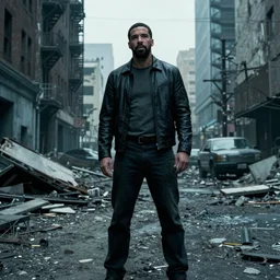 Drake as Robert Neville in I Am Legend (2007), post apocalyptic city, environment 8k, ruins