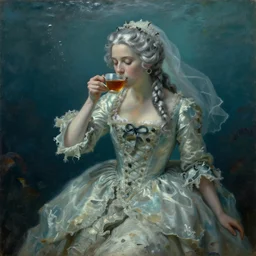 a 1 8 th century, silver haired, ( ( mad ) ) ) elf princess look like ( ( young kate winslet ) ), dressed in a ragged, wedding dress, is drinking a cup of tea. everything is underwater, floating. greenish blue, theatrical, oil canvas by paul brason, goya, and monet