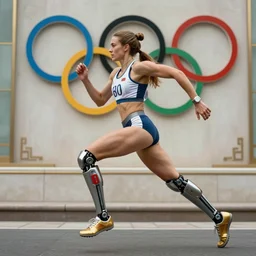 Trinity the matrix, Femaile sprinter in athletic attire with cyborg legs, diesel punk, athletic footage, 1980's, olympics, cinematic, art deco