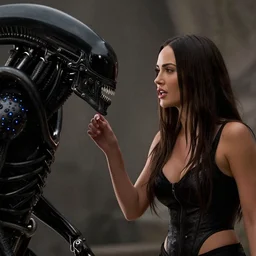 film still of Megan Fox talking with a predator in the movie Alien(1990).