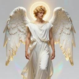 fullbody portrait of a beautiful young fit male angel with curly blond hairs, serene face, closed eyes, dressed with long fluent clothes, majestic symmetrical eagle wings, luminous halo, by greg rutkowski and alphonse mucha, gradient white to gold, in front of an iridescent background, highly detailed portrait, digital painting, artstation, concept art, smooth, sharp focus illustration