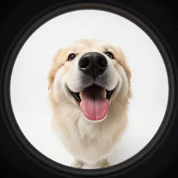 widest fish eye lens extremely close to happy dog