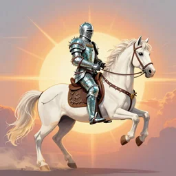 knight wearing armor made of thorns and glass rides a white unicorn into the sunset, illustration, radiant light, by greg rutkowski