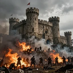 Before and after picture of a castle currently under siege, fantasy, hyper realism, 8k resolution, flames, war, death