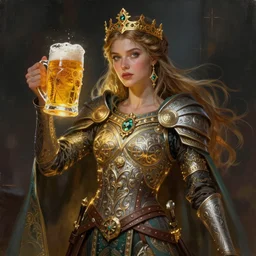 fantasy portrait painting of the beautiful posing celtic warrior queen holding a jug of beer, concept art illustration, glowing, ornate and intricate, stunning, dynamic lighting, intricate and detailed.