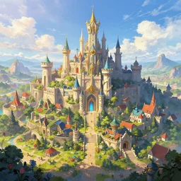 a kingdom in a fantasy world, wide shot, colorful, high fantasy, rutkowski, professional artwork, sunny, clouds, detailed, artstation, jim burns,