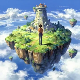 Establishing shot of a fantasy floating sky continent. hidari, color page, tankoban, 4K, tone mapping, Akihiko Yoshida.