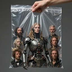 human hand, transparent plastic bag, fantasy characture portrait, ultra realistic, cinematic, cinematic, wide angle, intricate details, cyborg, highly detailed by caravaggio, aaron horkey, boris vallejo, wayne barlowe, craig mullins, roberto ferri, francis bacon
