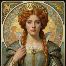 detailed realistic beautiful young medieval queen portrait by jean delville, gustave dore and marco mazzoni, art nouveau, symbolist, visionary, gothic, pre - raphaelite, horizontal symmetry