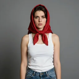 a frontal portrait of a thugish woman, wearing a red headscarf, a white tank top, and jeans, by norman rockwell.