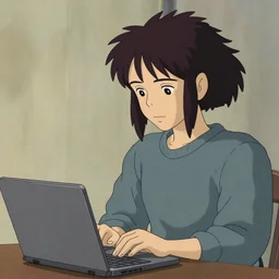 tan-skinned guy with shoulder length black hair and long sleeves using a laptop, looking down, art by hayao miyazaki, studio ghibli film, twitter pfp