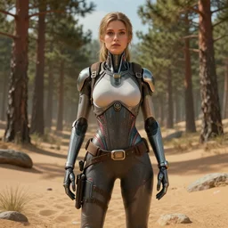 hyperrealistic beautiful cinematic cyborg time traveler, desert, pine forest, stunning 3 d render inspired by istvan sandorfi & greg rutkowski, perfect symmetry, dim volumetric cinematic lighting, 8 k octane comprehensive render, extremely mega hyper - detailed and lifelike attributes & atmosphere, intricate, realistic flesh texture, masterpiece, artstation, stunning,