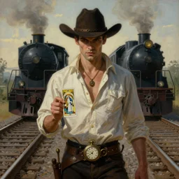 a dramatic ethereal epic symmetrical painting of a handsome villainous cowboy standing in front of railroad tracks with a train locomotive | his shirt is unbuttoned and he has a pocketwatch | tarot card, art deco, art nouveau, steampunk, homoerotic, realistic | by mark maggiori and gary bussiere | trending on artstation