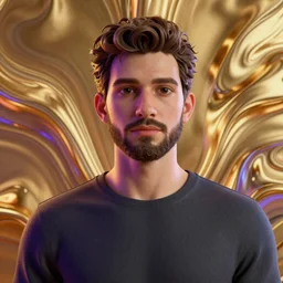 Portrait of alessiogarcai with gold fluid in the background, volumetric colorful lighting, 3D render by Pete Morbacher and Emil Melmoth, Unreal Engine,