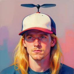 colorful painting of a man with long blond hair with a baseball cap with a propeller on top, matte painting, trending on art station, ultra - detailed, hq