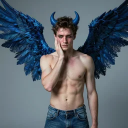 wide angle full body portrait of Daniel Sharman with blue devil wings, shirtless and wearing jeans, dramatic photography, dramatic facial expression, tears, hand on his cheek, soft skin, soft blush, intricate, ethereal, highly detailed, high resolution, 8K resolution, sharp focus, Unreal engine 5, smooth, art by J. C. Leyendecker