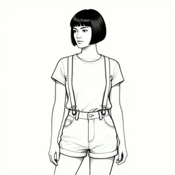 lineart of a woman with black hair pixie cut in shorts with suspenders and white t-shirt drawn by caravaggio, Alexandre Cabanel, norman rockwell, peter paul rubens, maler collier, frank frazetta, alphonse mucha, gustav klimt 4k, unreal 5, DAZ, french noveau, trending on artstation, octane render, hyperrealistic