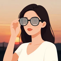 a woman with shutter retro glasses in front of a sunset, vector art by jan tengnagel, pixabay contest winner, retrofuturism, retrowave, synthwave, outrun