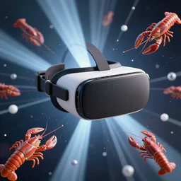 virtual reality solid beams penetrating space, beautiful crayfish surrounded by internet hyperlinks and icons | | cyberpunk, artgerm, octane render, raytracing, 8 k, hd, vibrant, escher