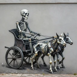 The body art features a human figure driving a chariot. The figure is skeletal and frail, with a large head and eyes. The chariot is pulled by two animals, which are also skeletal and frail. street art by Austin Briggs, by Chris Uminga mood