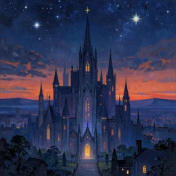 ethereal starlit city of magic lost in time at sunset, art station, fauvism, matte painting, johan grenier, hd, digital painting