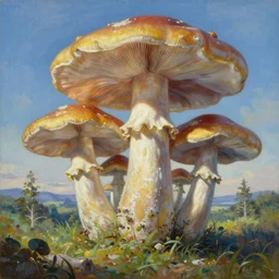 oil painting of a fantasy landscape with giant mushrooms by hirō isono