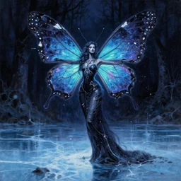 a tall slender butterfly priestess made of shattered hopes and mystical dreams, grimdark fantasy painting of a cosmic butterfly on a shadowed forest background. a fursona of a butterfly goddess dancing on a frozen lake in the darkness void realm. a painting in neon inks, by edvard manet gurney
