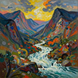 a wild modernist landscape painting filled with energy patterns rippling in all directions, mountains, rushing water, saturated colors