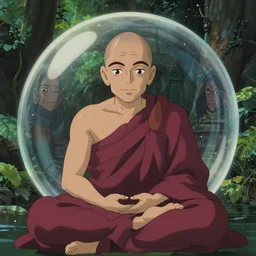 a film still portrait of a mauve old monk meditating inside a cubic bubble in a flooded temple jungle. finely detailed features, closeup at the faces, chronenberg, perfect art, grimdark, trending on pixiv fanbox, painted by studio ghibli