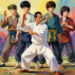 tai chi master young man, high details, colorful palette, masterpiece ilya kuvshinov, james jean, suehiro moaruo, katsuhiro otomo, shintaro kago, ruan jia, volumetric shading, ambient light