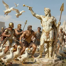 greek warriors fighting, against ducks!!!, ancient greek statue, epic, detailled