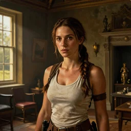 riverting lara croft portrait, taken in the main room of her stately home, painted, dark room, one point of light coming through the window, atmospheric lighting, painted, intricate, volumetric lighting, beautiful, golden hour, sharp focus, ultra detailed, by leesha hannigan, ross tran, thierry doizon, kai carpenter, ignacio fernandez rios