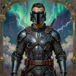 a detailed portrait painting of a Cristiano Ronaldo bounty hunter in combat armour and visor. cinematic sci-fi poster. Flight suit and wires, accurate anatomy. Samurai influence, fencing armour. portrait symmetrical and science fiction theme with lightning, aurora lighting. clouds and stars. Futurism by beksinski carl spitzweg moebius and tuomas korpi. baroque elements. baroque element. intricate artwork by caravaggio. Oil painting. Trending on artstation. 8k