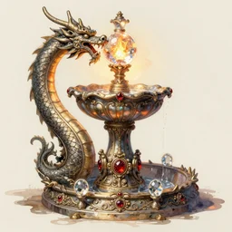 absinthe fountain in the shape of a dragon with a crystal glass orb and rubies, firelight warm lighting, fantasy, intricate, elegant, highly detailed, digital painting, still life, artstation, concept art, matte, sharp focus, illustration, intricate, highly detailed, digital watercolor, volumetric light, artstation, concept art, distressed, sharp focus, illustration, art by gil elvgren and greg rutkowski and willem kalf and jan philip van thielen