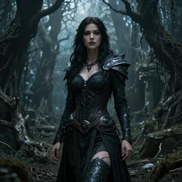 Beautiful art portrait of a female fantasy sorceress in a dark mystical fantasy ruin surrounded by eerie dead forest , masterpiece, trending on artstation, unreal 5, DAZ, hyperrealistic, octane render, dungeons and dragons, dynamic lighting