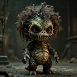 A cinematic sculpture of a cute by scary monster with scaly skin and crazy hair by Rick Baker and Chris Walas.  A film screenshot from a horror movie directed by David Cronenberg.  Cinamatography by Denis Villeneuve and Christopher Nolan.