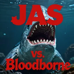 Glossy promotional image for the new film 'Jaws vs. Bloodborne'