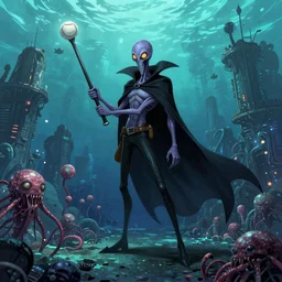 concept art character with a vampire squid headed character with a cape that is tall and thin that lives in an underwater dystopian city and uses a baseball as a weapon against mutant set in the apocalypse created by Dana terrace for a comic book with chromatic aberration and design influences from fret nice the video game