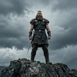 cinematic shot of a muscular viking with a large beard standing on a rocky cliff with cloudy stormy weather in the sky, 8 k, very intricate, very detailed,